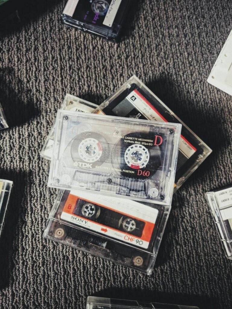 Old cassette tapes before being upcycled