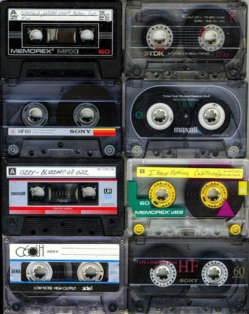 Stack of old cassette tapes reused as upcycled art