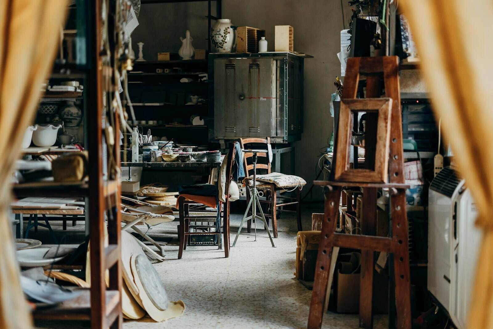 Cozy art studio where discarded objects are turned into artwork